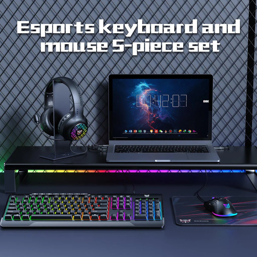 ONIKUMA TZ5006 5 in 1 Combo Gaming Set | Mouse/Keyboard/Headset/Headset stand/ Mousepad