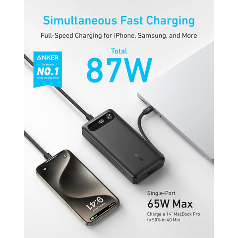 Power Bank (20K, 87W, Built-In USB-C Cable)