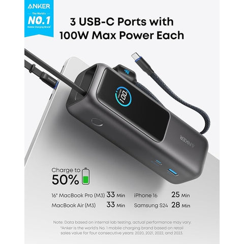 Power Bank (25K, 165W, Built-In and Retractable Cables)