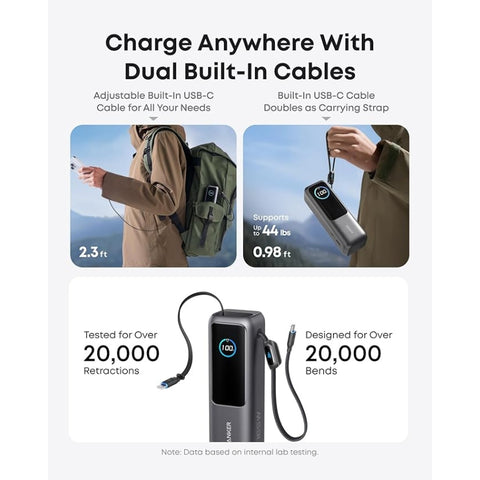 Power Bank (25K, 165W, Built-In and Retractable Cables)