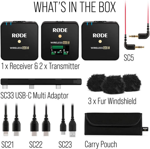 RØDE Wireless Go II Dual Channel Wireless System with Built-in Microphones with Analogue and Digital USB Outputs, Compatible with Cameras, Windows and MacOS computers, iOS and Android phones