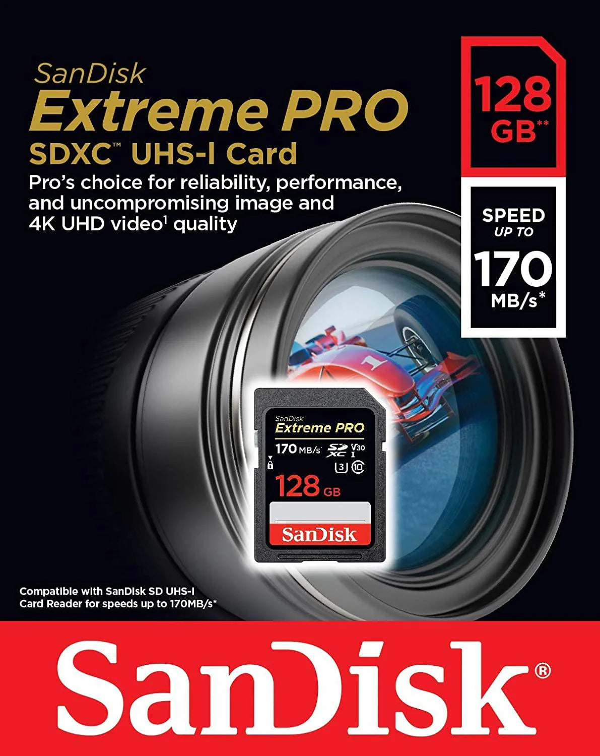 SanDisk 128GB Extreme PRO SDXC UHS-I Card - C10, U3, V30, 4K UHD, SD Card