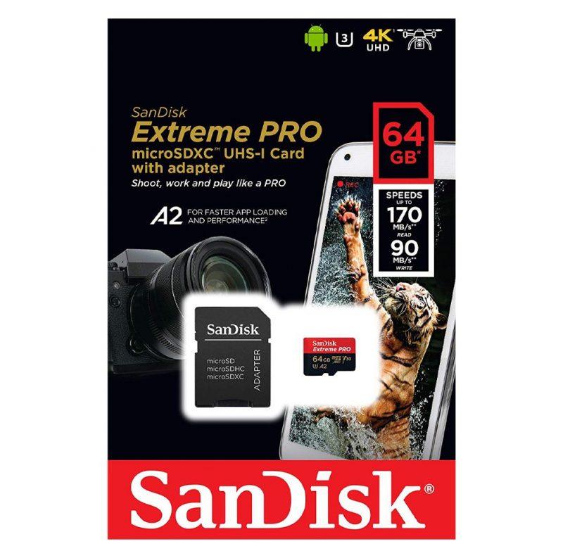 SanDisk Extreme Pro MicroSDXC UHS-I U3 A2 V30 64GB + Adapter