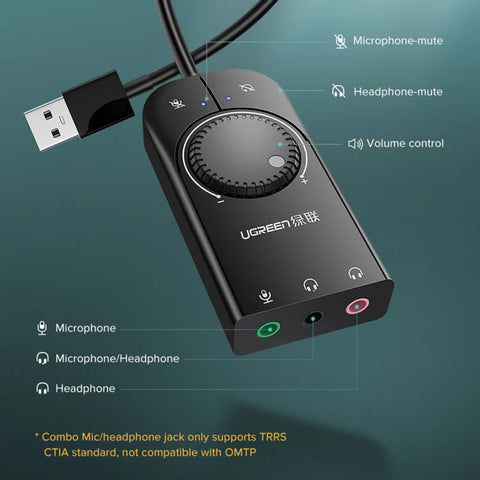 UGREEN USB to 3-ports 3.5mm Computer External Audio Card with Volume Adjustment Wheel