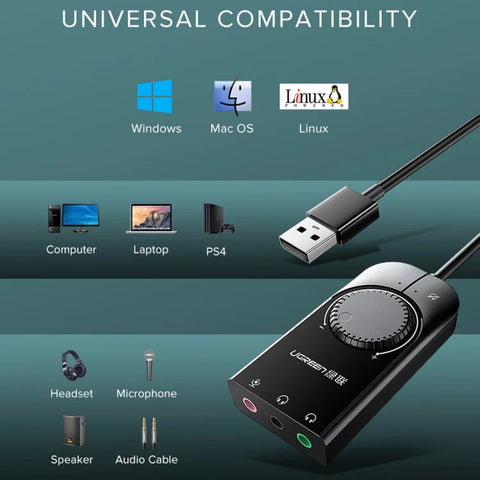UGREEN USB to 3-ports 3.5mm Computer External Audio Card with Volume Adjustment Wheel