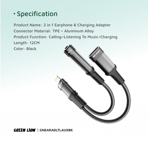 Green Lion 2 in 1 Earphone & Charging Adapter Lightning to Lightning + 3.5 12CM -Black