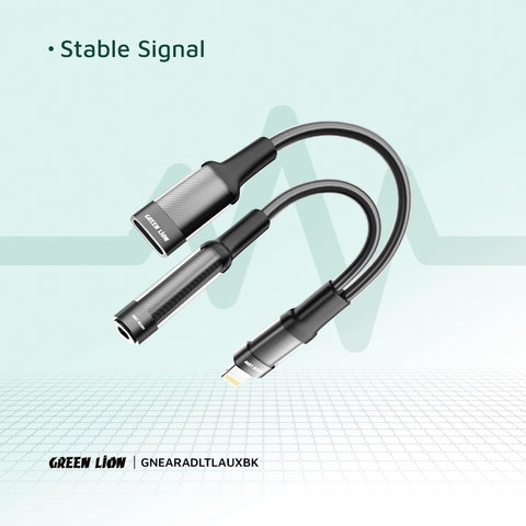 Green Lion 2 in 1 Earphone & Charging Adapter Lightning to Lightning + 3.5 12CM -Black