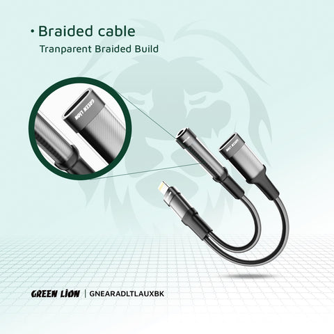 Green Lion 2 in 1 Earphone & Charging Adapter Lightning to Lightning + 3.5 12CM -Black