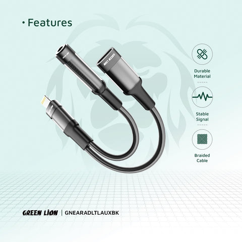 Green Lion 2 in 1 Earphone & Charging Adapter Lightning to Lightning + 3.5 12CM -Black