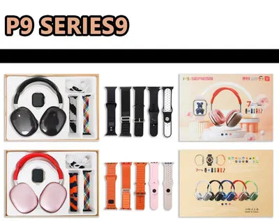 P9 Headphone & Series9 Smart Watch Suit with 7 In1 Straps | Pink
